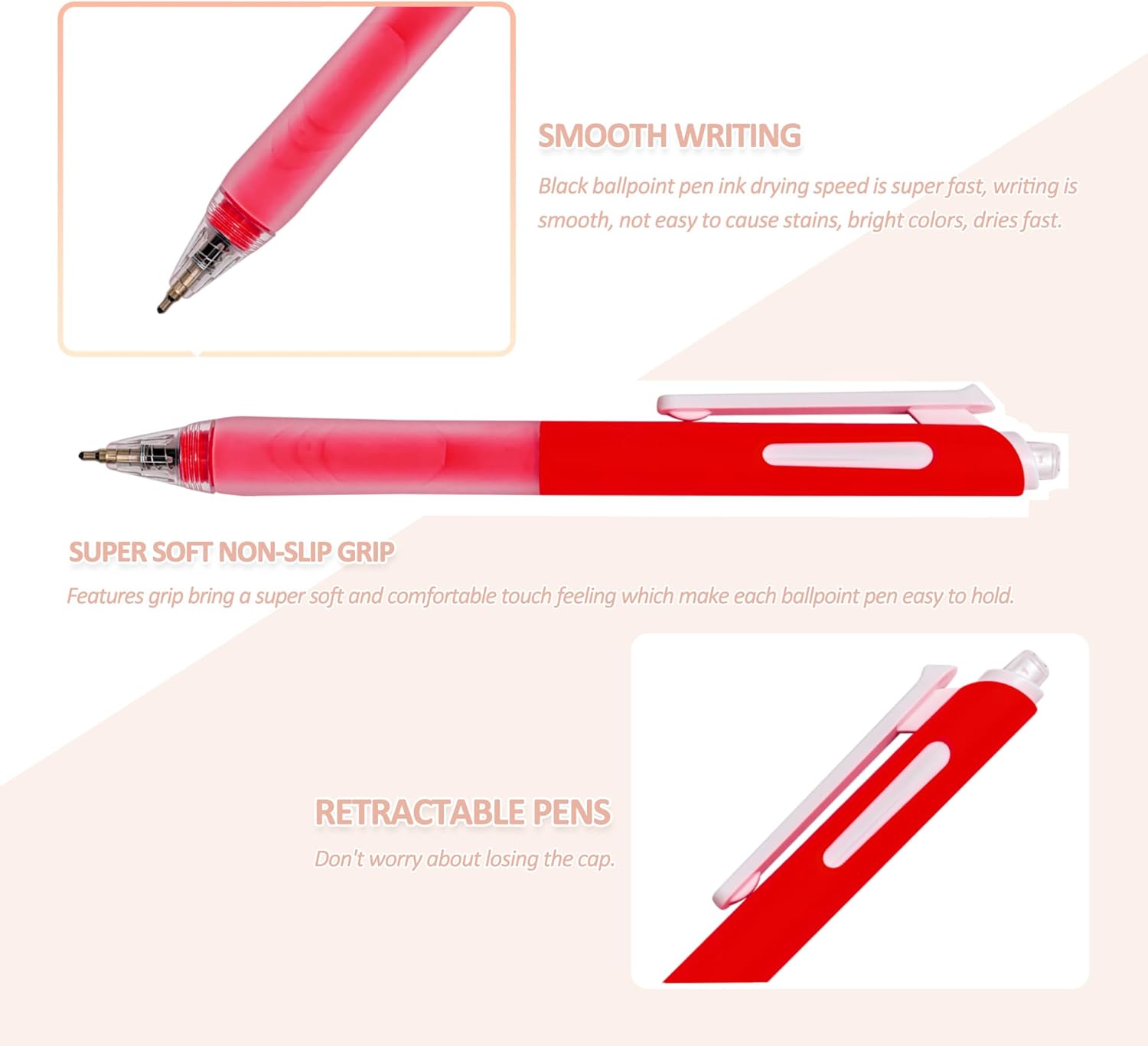 Linbsunne Ballpoint Pens Medium Point 1mm Black Pen with Super Soft Grip Ball Point Pen for Men Women Retractable Pens (Style2, 24-pack) - Image 3