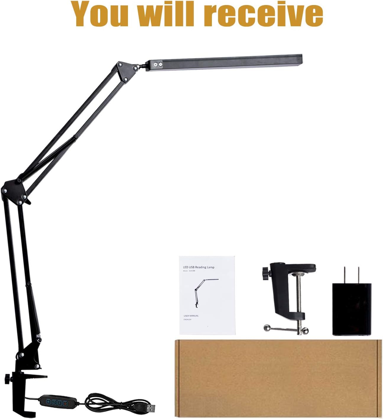 LED Desk Lamp, Adjustable Swing Arm Lamp with Clamp, Eye-Caring Reading Light, 10 Brightness Levels, 3 Lighting Modes, Memory Function Lamps for Home Office Adapter (Black) - Image 8