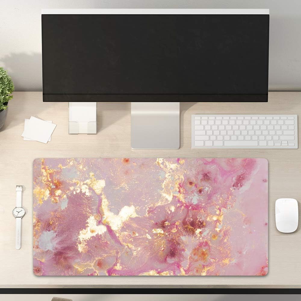 QIYI Large Mouse Pad, Cute Pink Desk Mat for Desktop, Women Girls PU Leather Desk Pad Waterproof Gaming Mousepad, Rose Gold Marble Computer Protector Writing Pad for School Office Home 31.5" x 15.7" - Image 3
