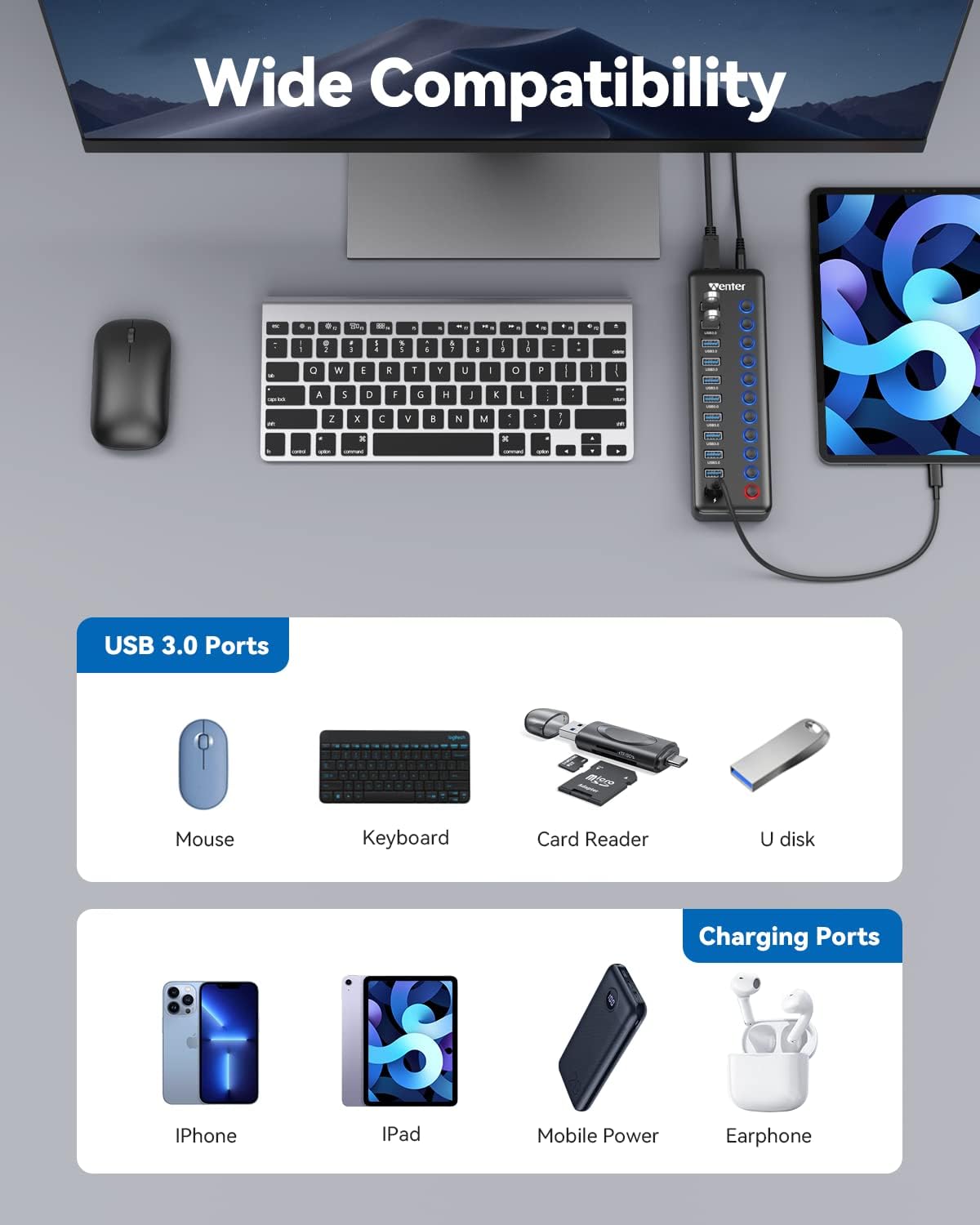 Powered USB Hub, Wenter 11-Port USB Splitter Hub (10 Faster Data Transfer Ports+ 1 Smart Charging Port) with Individual LED On/Off Switches, USB Hub 3.0 Powered with Power Adapter for Mac, PC - Image 8
