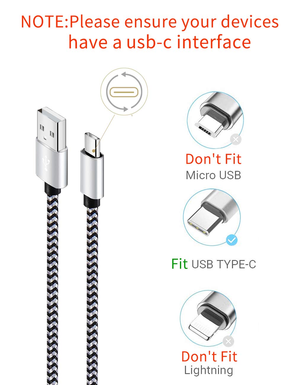 Teeind USB Type C Cable Fast Charging, Tpc001 5 Pack(6Ft 3A) Braided C Charger Cables Compatible with Samsung S10e/note 9/s10/s9/s8 Plus/A80/A50/A20 - Image 3
