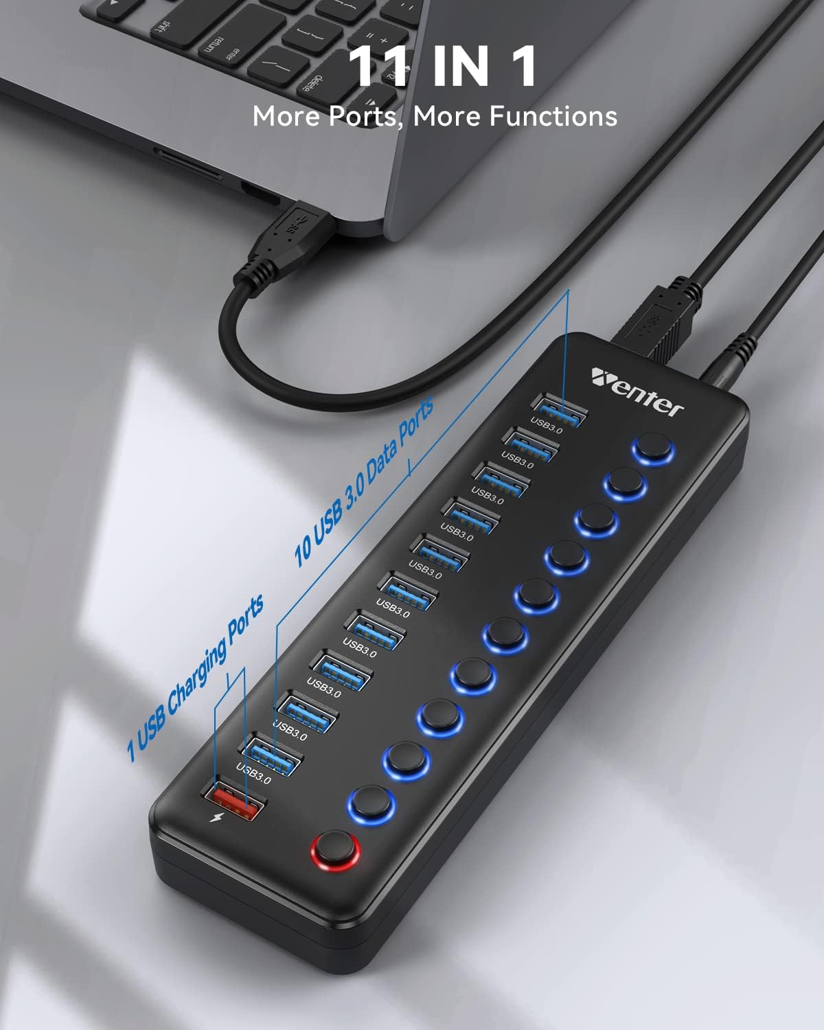 Powered USB Hub, Wenter 11-Port USB Splitter Hub (10 Faster Data Transfer Ports+ 1 Smart Charging Port) with Individual LED On/Off Switches, USB Hub 3.0 Powered with Power Adapter for Mac, PC - Image 3