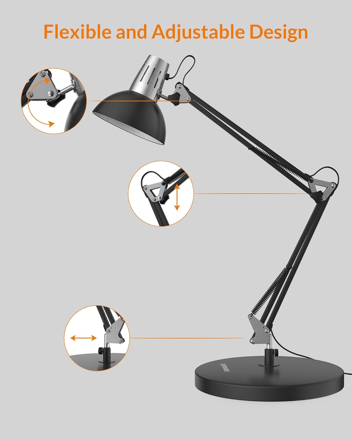 LEPOWER Metal Desk Lamp, Adjustable Goose Neck Architect Table Lamp with On/Off Switch, Swing Arm Desk Lamp with Clamp, Eye-Caring Reading Lamp for Bedroom, Study Room &Office (Black) - Image 7