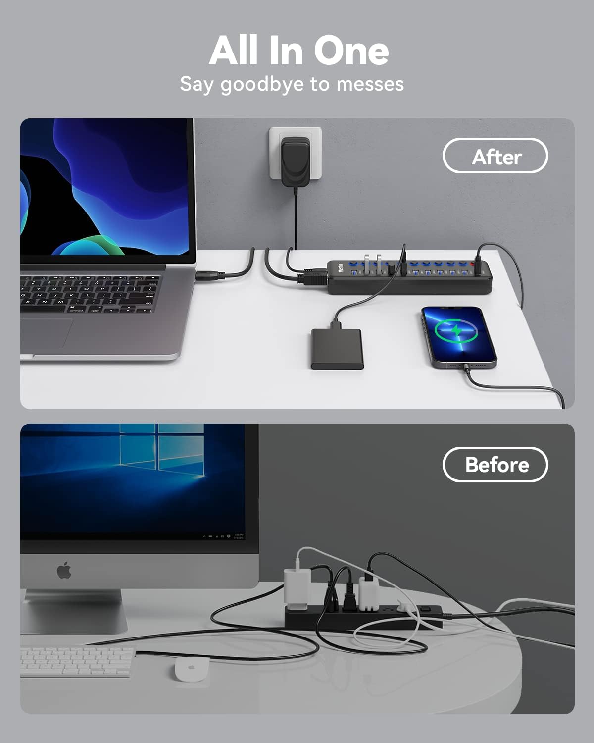 Powered USB Hub, Wenter 11-Port USB Splitter Hub (10 Faster Data Transfer Ports+ 1 Smart Charging Port) with Individual LED On/Off Switches, USB Hub 3.0 Powered with Power Adapter for Mac, PC - Image 7