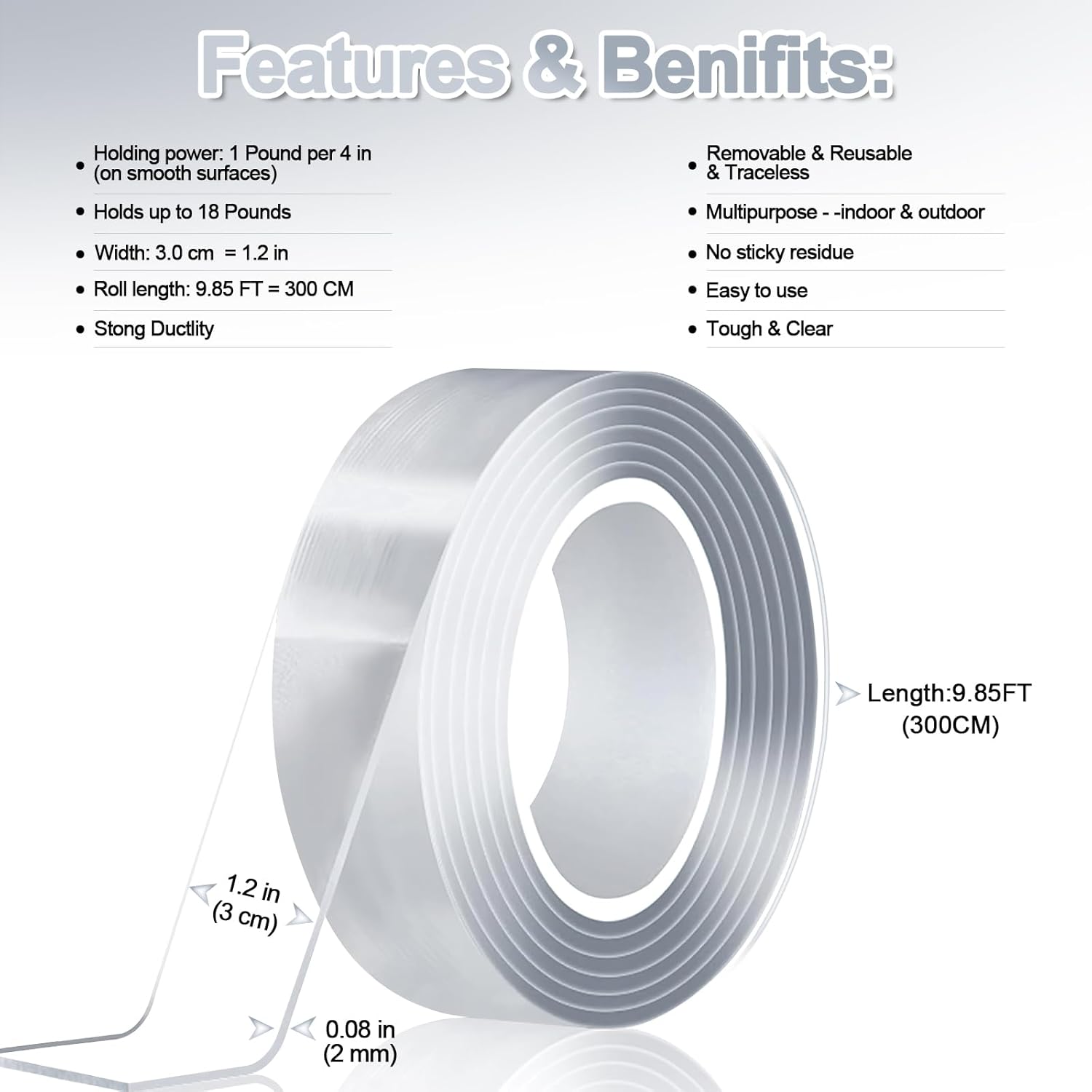 MEMX Nano Double Sided Tape Heavy Duty, 9.85FT Multipurpose Strong Mounting Tape, Reusable Removable Washable Traceless Gel Grip Adhesive for Carpet, Poster Sticky Wall, Home, Office Decor. - Image 3