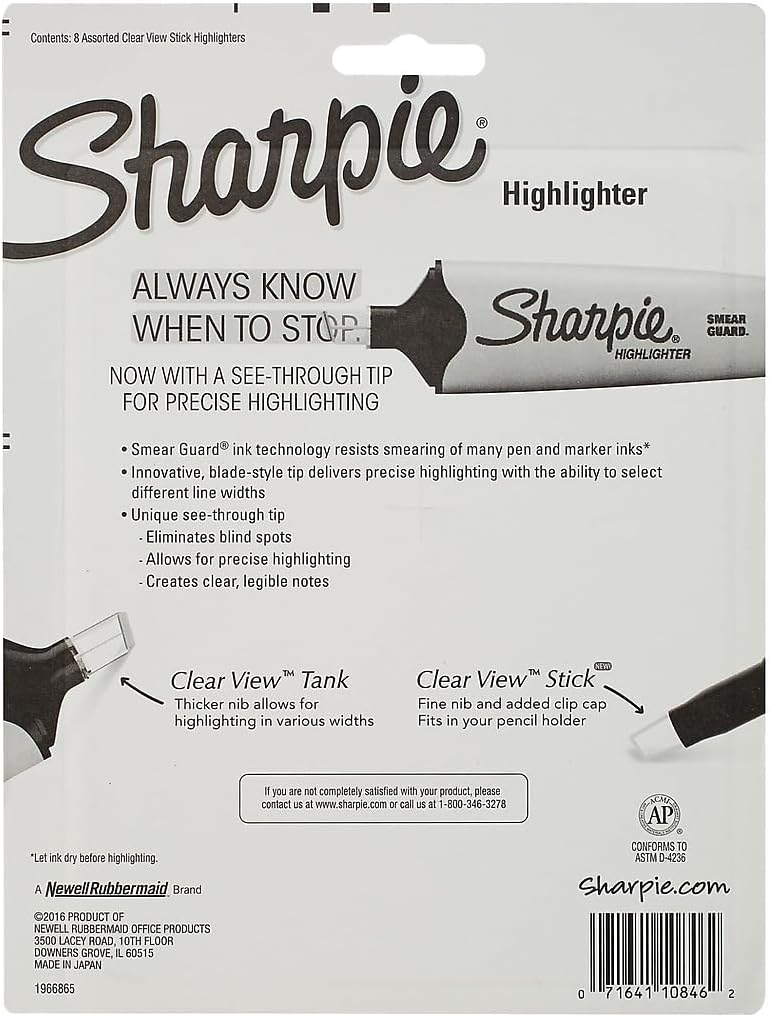 Sharpie Clear View Highlighter Sticks, Chisel Tip, Assorted Fluorescent, 8 Count - School, Home, and Office Use, Teacher Supplies - Image 6