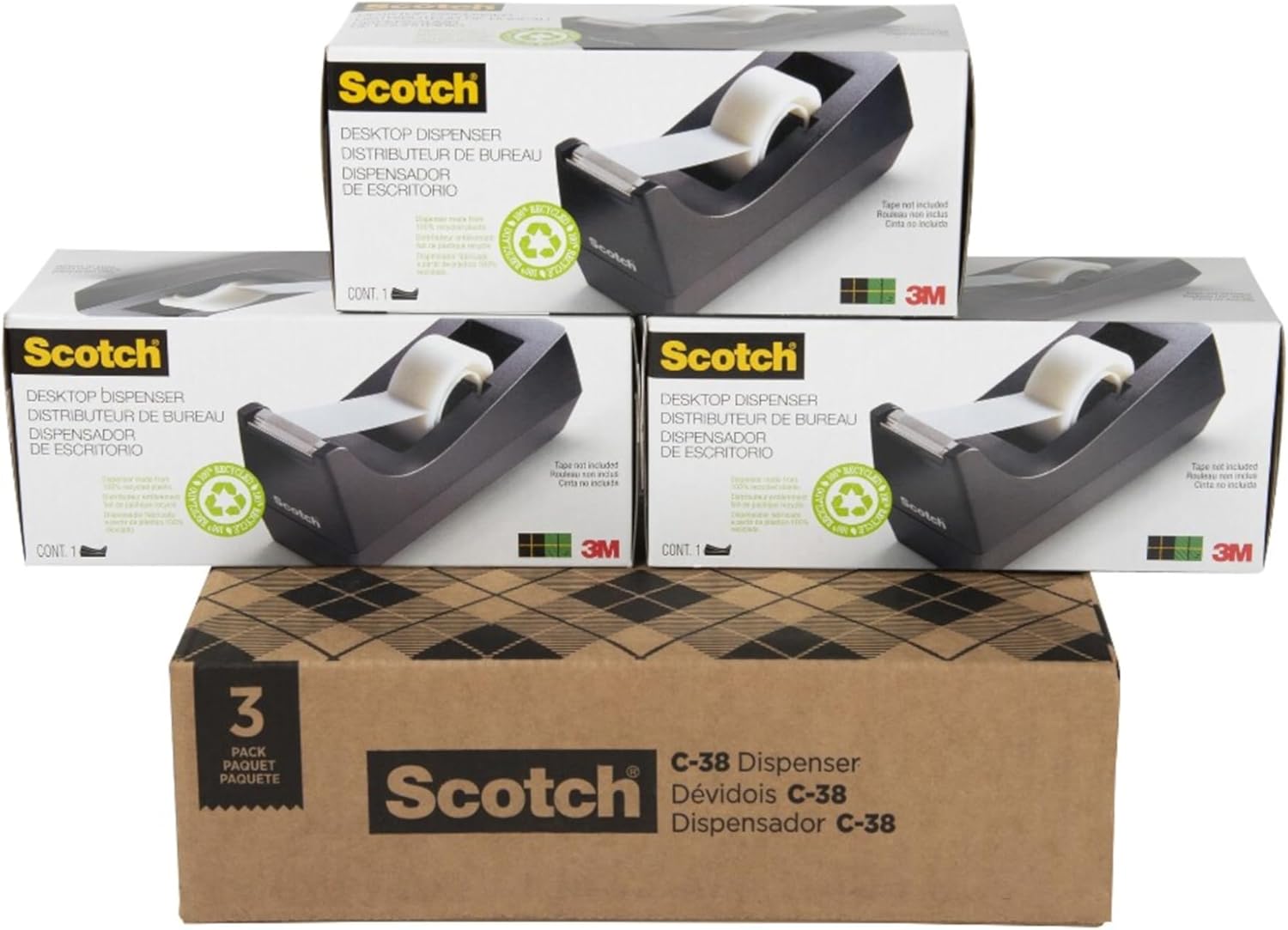 Scotch Desktop Tape Dispenser, 3-Pack, Weighted, Non-Skid Base, Black, Made of 100% Recycled Plastic (C-38-3PK-SIOC) - Image 11