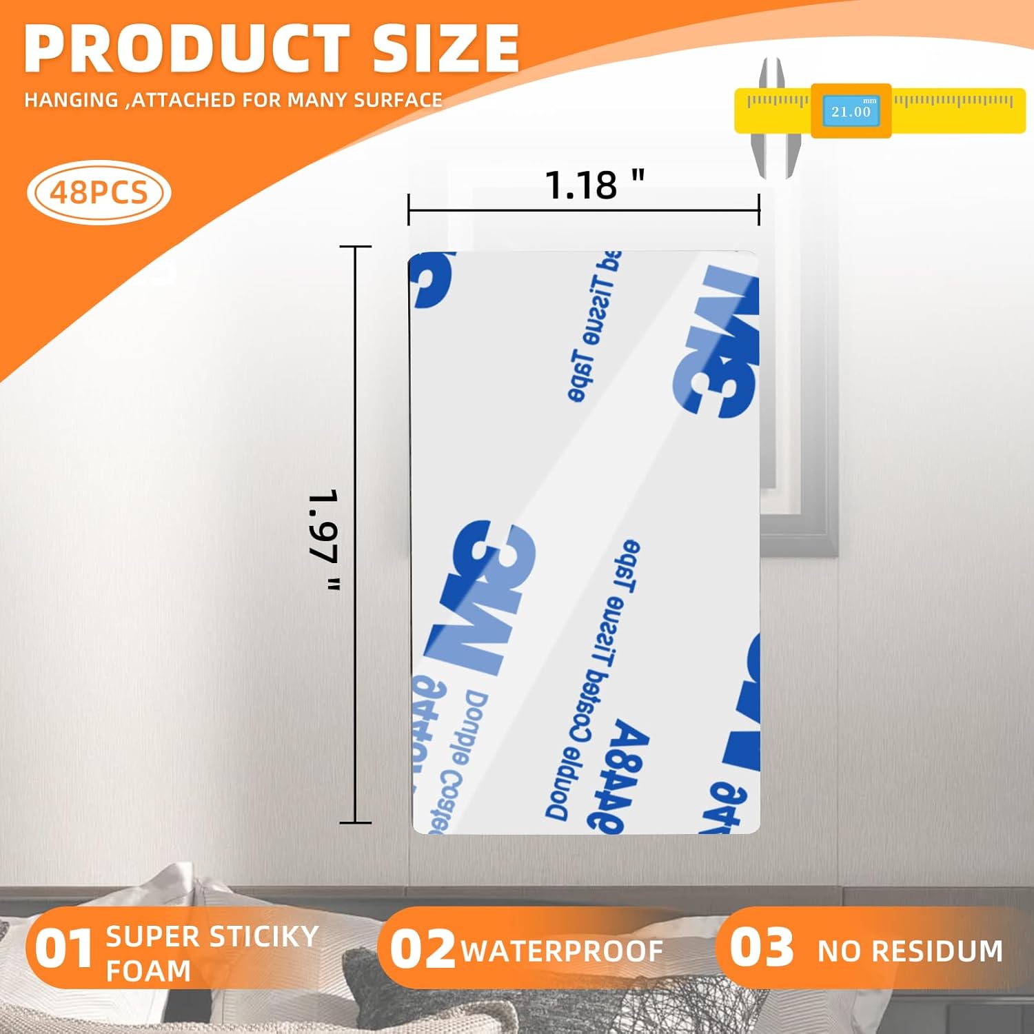 Double Sided Tape HeavyDuty,Double Sided Tape for Walls,48Pcs 2 Sided Sticky Waterproof Pads,1.96 * 1.18 Inch Super Strong Removable Double-Sided Foam, Mounting Black Tape for Hanging - Image 3