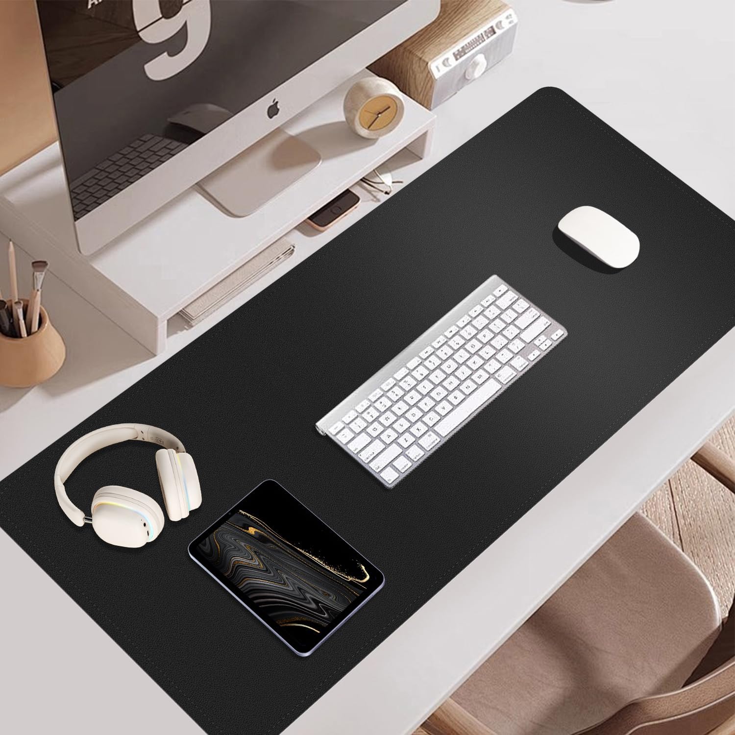 Non Slip Desk Mat, 31.5" x 15.7" PU Leather Desk Pad, Cork Desk Mat for Desktop, Desk Pad for Keyboard and Mouse, Ideal for Office and Home, Black - Image 7