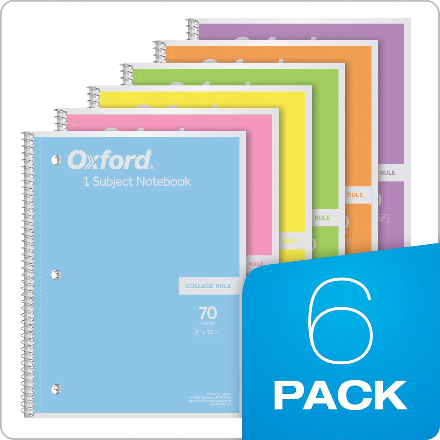 Oxford Spiral Notebook, 1 Subject, College Ruled Paper, 8 x 10-1/2 Inch, Pastel Pink, Orange, Yellow, Green, Blue and Purple, 70 Sheets (63756), Set of 6 - Image 7