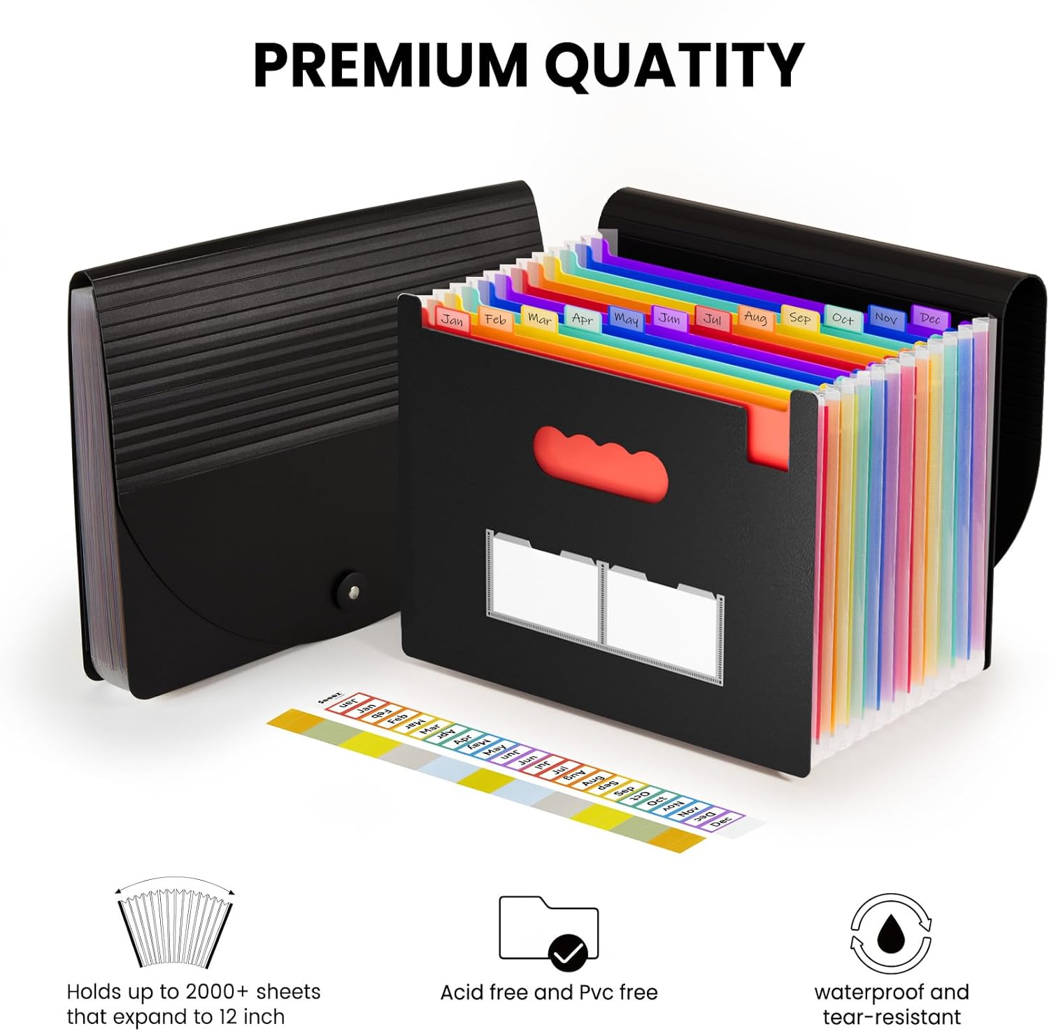 Sooez Accordion File Organizer, 13 Pockets Expanding File Folder, Portable Monthly Paper Bill Tax Receipt Organizer, Letter A4 Size Document Holder with Blank Labels, Black - Image 8