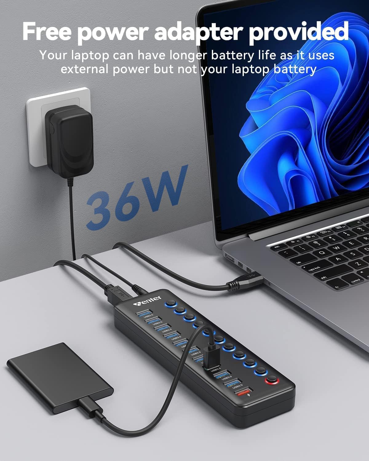 Powered USB Hub, Wenter 11-Port USB Splitter Hub (10 Faster Data Transfer Ports+ 1 Smart Charging Port) with Individual LED On/Off Switches, USB Hub 3.0 Powered with Power Adapter for Mac, PC - Image 6