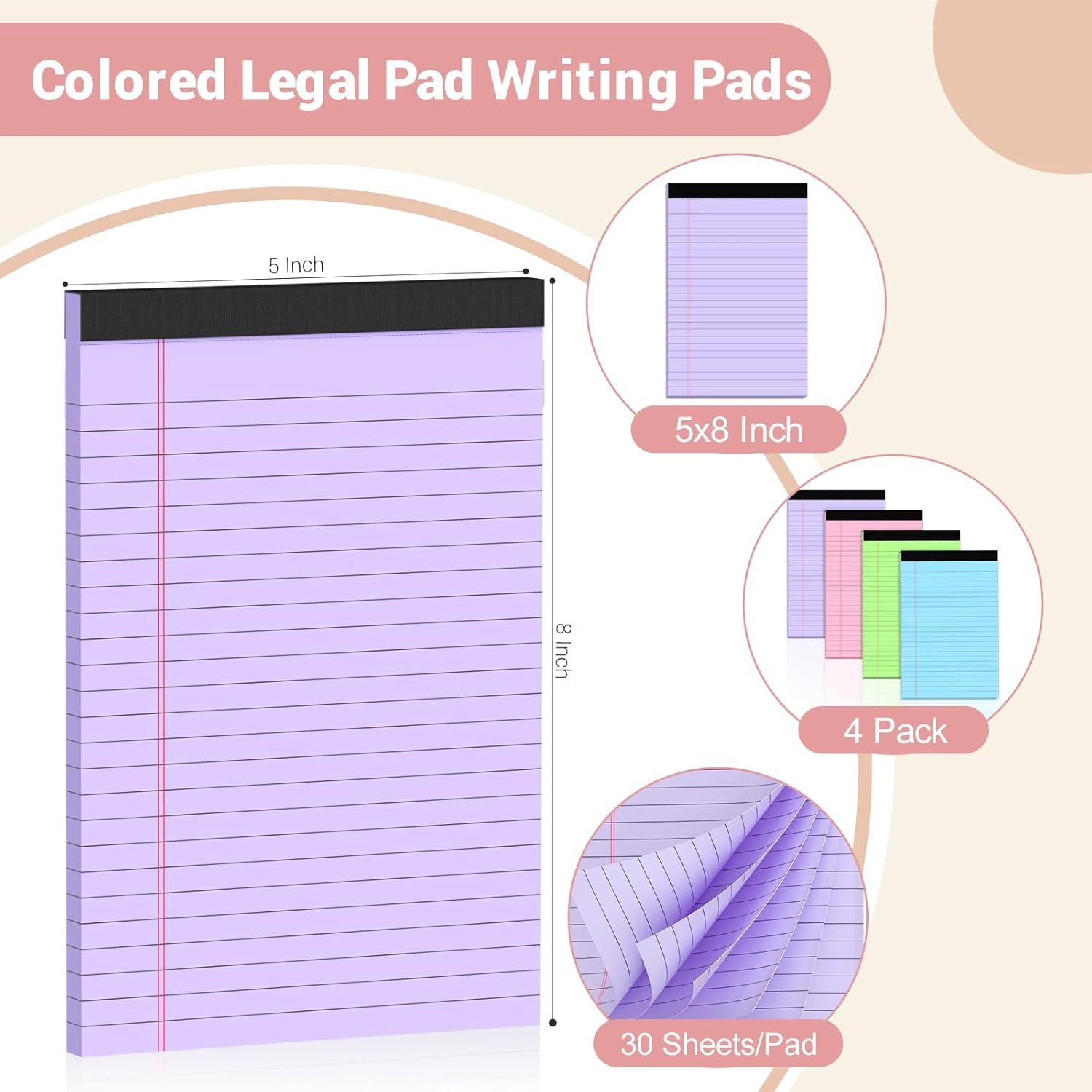 Legal Pads 5x8 Colored Note Pads, 4 Pack College Ruled Notepads 5x8 Lined Paper, Colored Notebook Paper Writing Pads 30 Sheets per Colored Paper Small Legal Pads 5x8 for Home Office School Supplies - Image 3