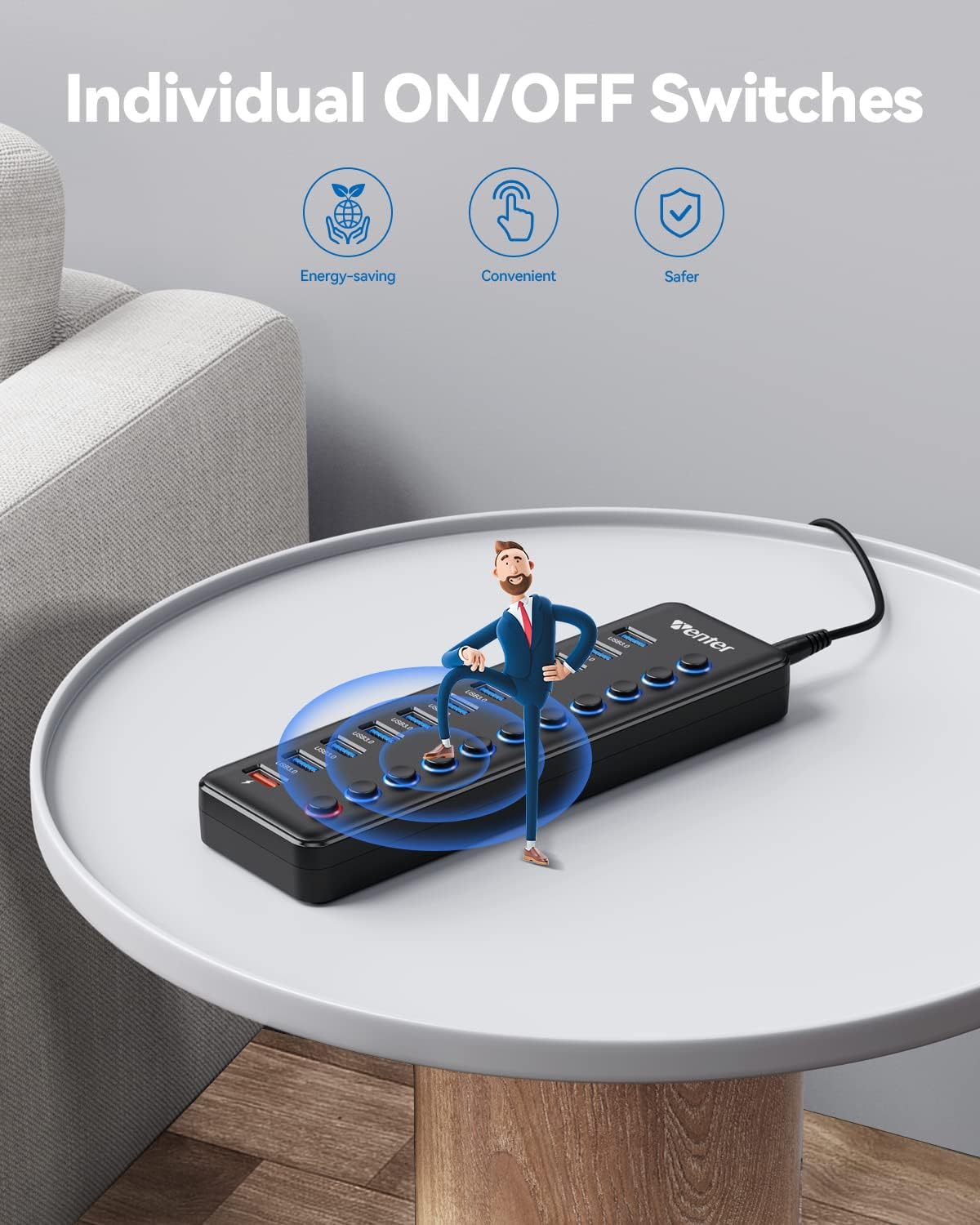 Powered USB Hub, Wenter 11-Port USB Splitter Hub (10 Faster Data Transfer Ports+ 1 Smart Charging Port) with Individual LED On/Off Switches, USB Hub 3.0 Powered with Power Adapter for Mac, PC - Image 5