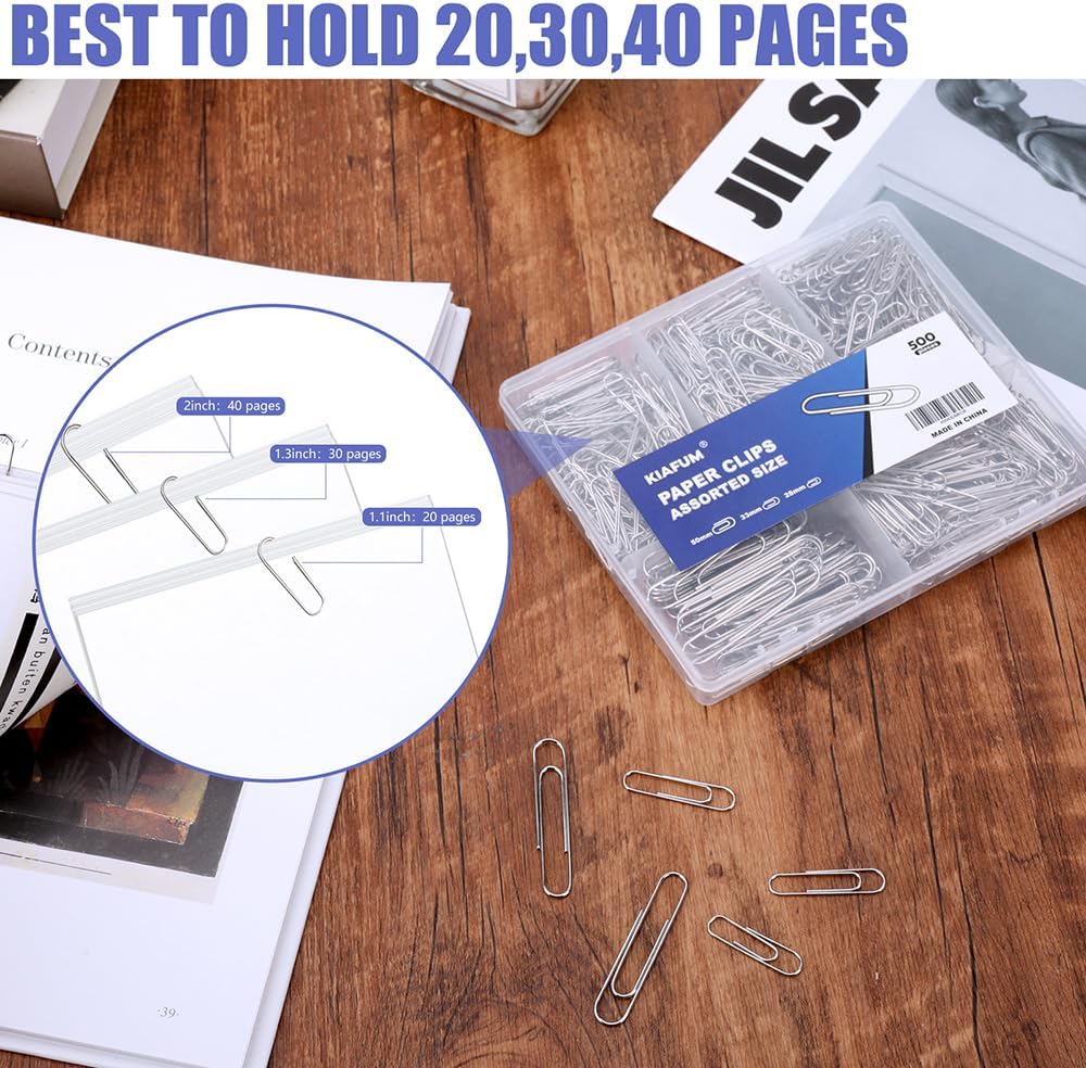 Paper Clips, 500 Pcs Assorted-Size Paperclips, Premium Silver Paperclip Large Medium and Small, Rustproof Metal Paper Clips for Office, School, Home - Image 6