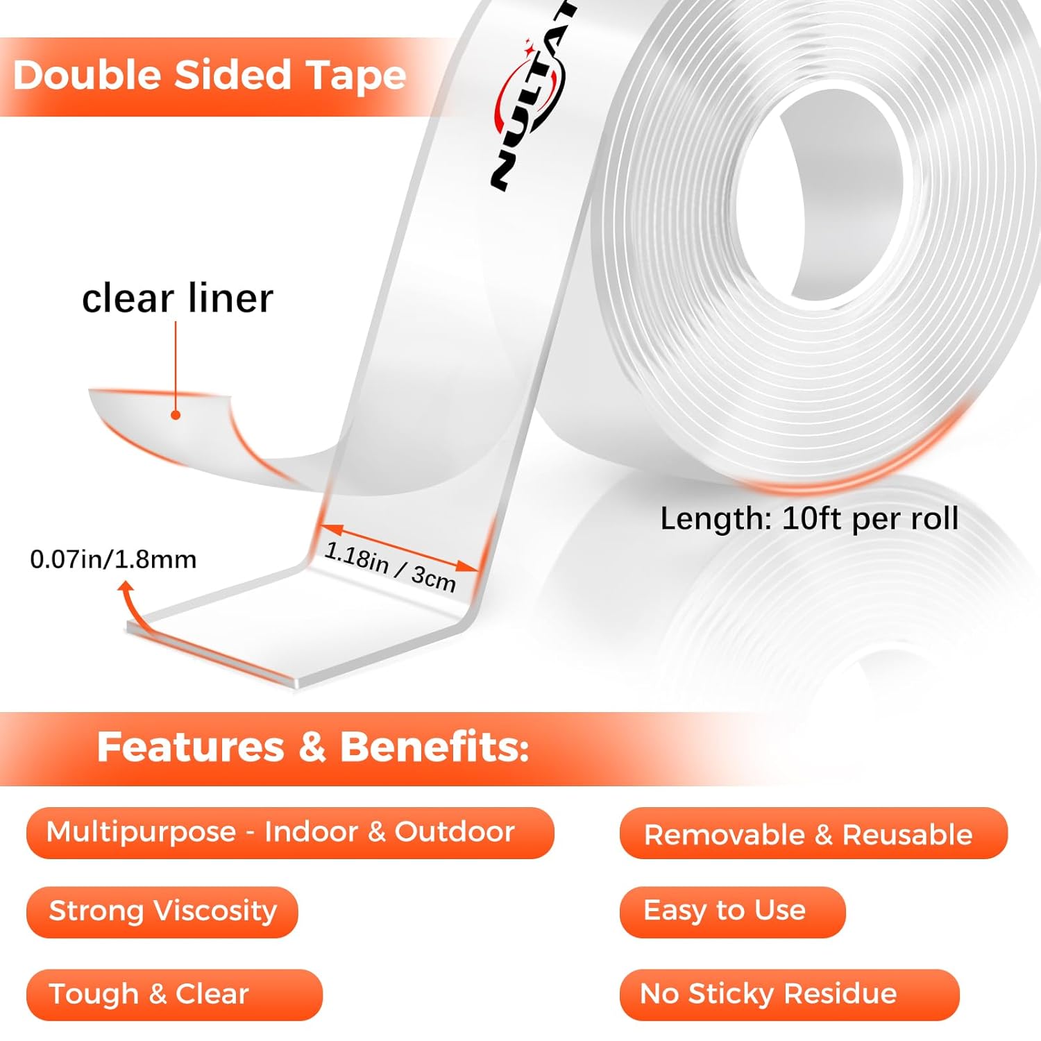 Strong Double Sided Tape Heavy Duty Double Sided Tape for Walls, 1.18" x 120" Clear & Tough Nano Tape Double Sided Mounting Tape, Removable Wall Tape for Hanging Picture, Poster, Carpet (10FT) - Image 3