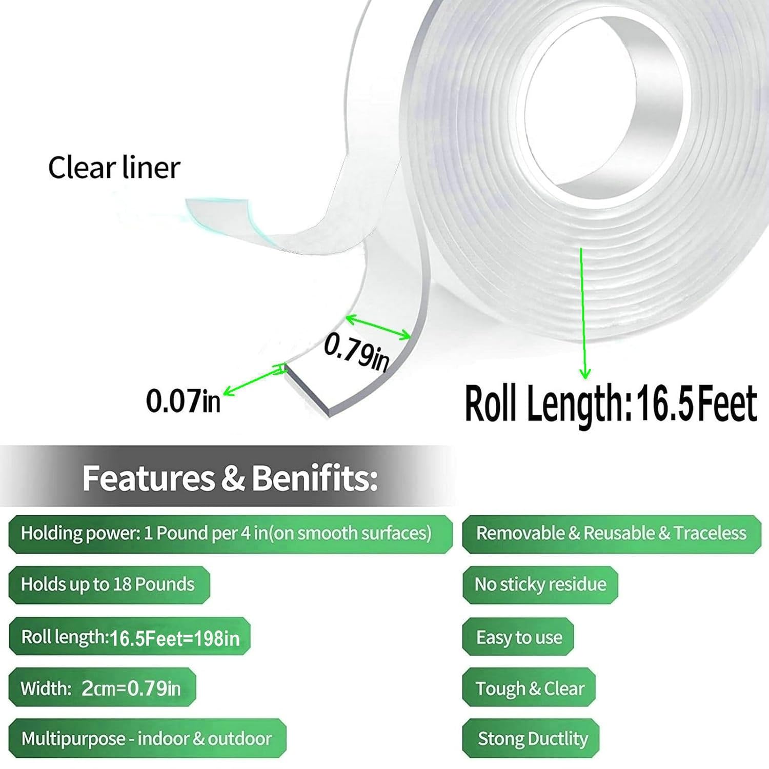 Double Sided Tape Heavy Duty, 16.5FT Nano Adhesive Mounting Tape Wall Decor, Sticky Picture Hanging Adhesive Strips Poster Tape - Image 3