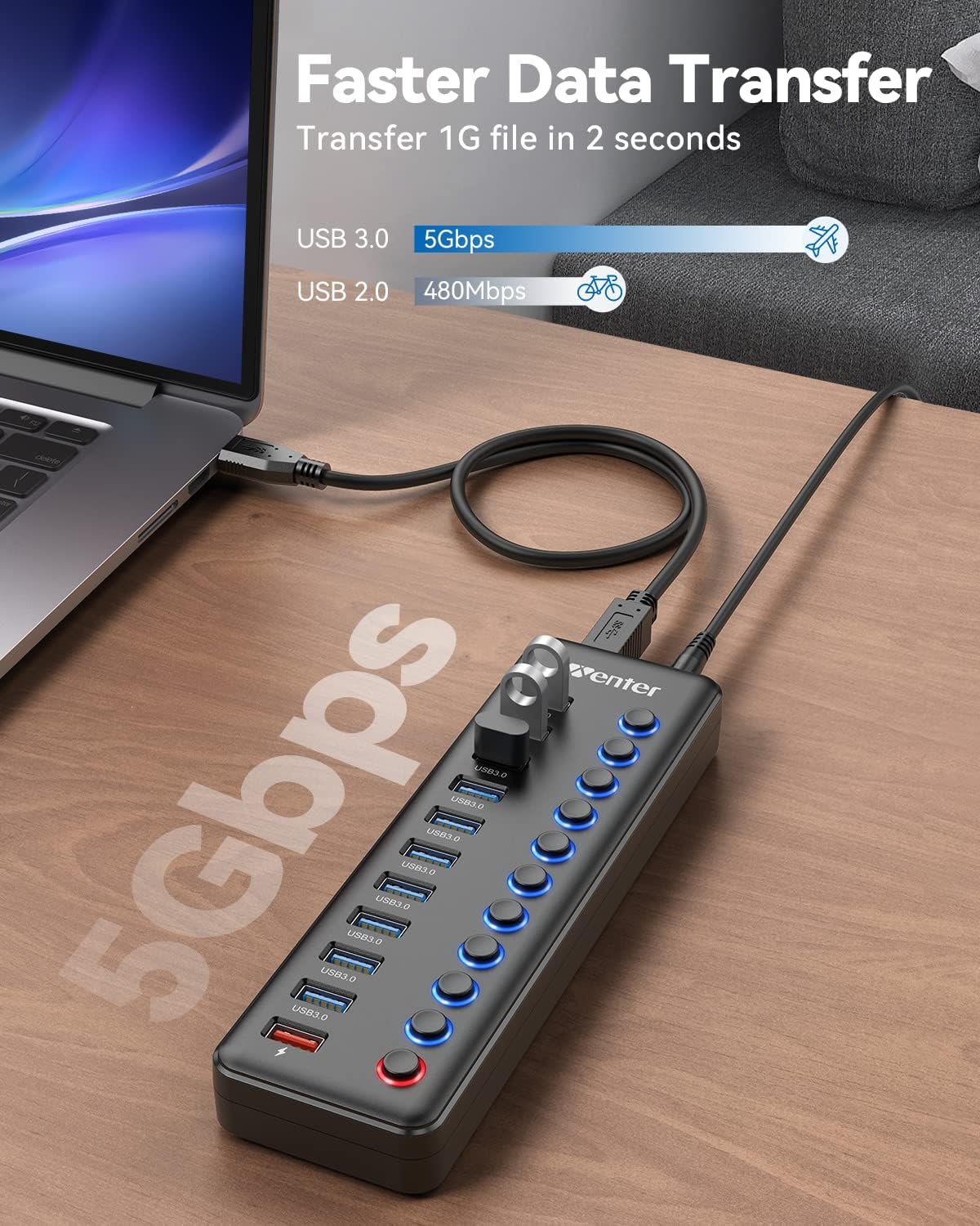 Powered USB Hub, Wenter 11-Port USB Splitter Hub (10 Faster Data Transfer Ports+ 1 Smart Charging Port) with Individual LED On/Off Switches, USB Hub 3.0 Powered with Power Adapter for Mac, PC - Image 4