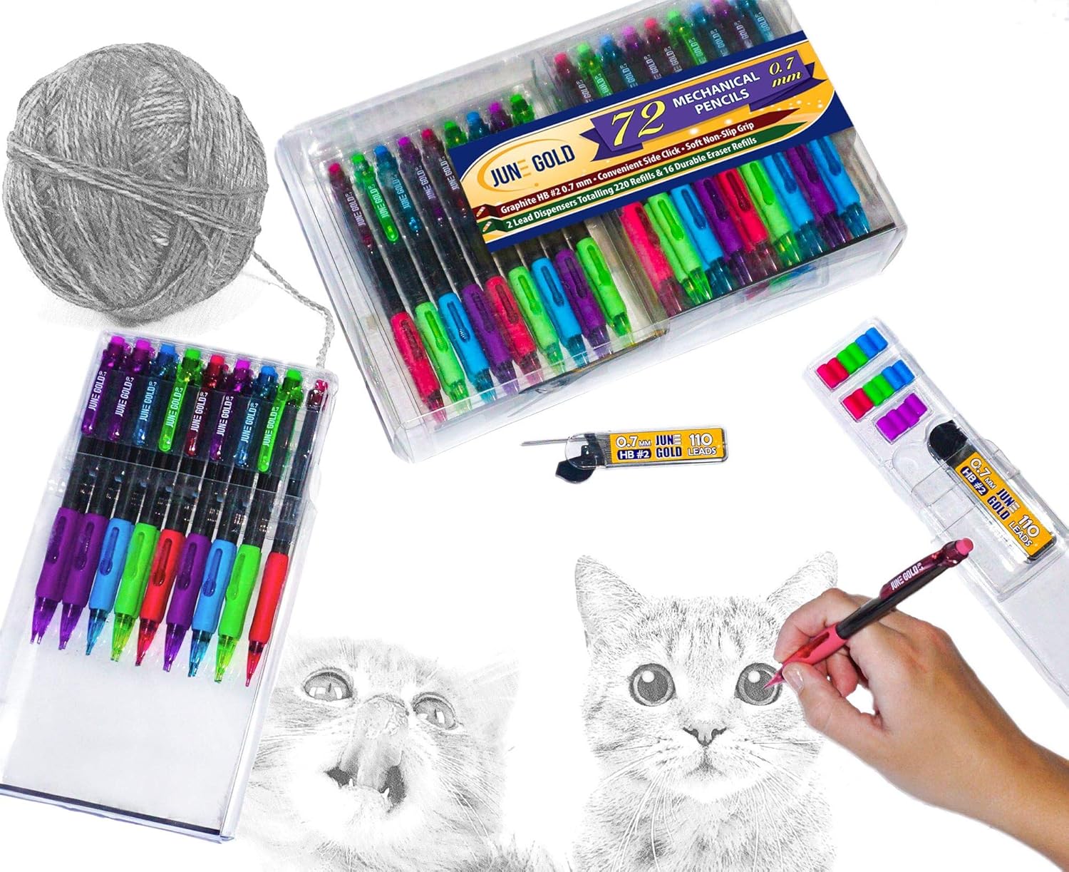 June Gold 72 Mechanical Pencils, 0.7 mm HB Lead, 2 Lead Dispensers with 220 Refills & 16 Erasers, Break Resistant, Convenient Side Click & Soft Non-Slip Grip - Image 5