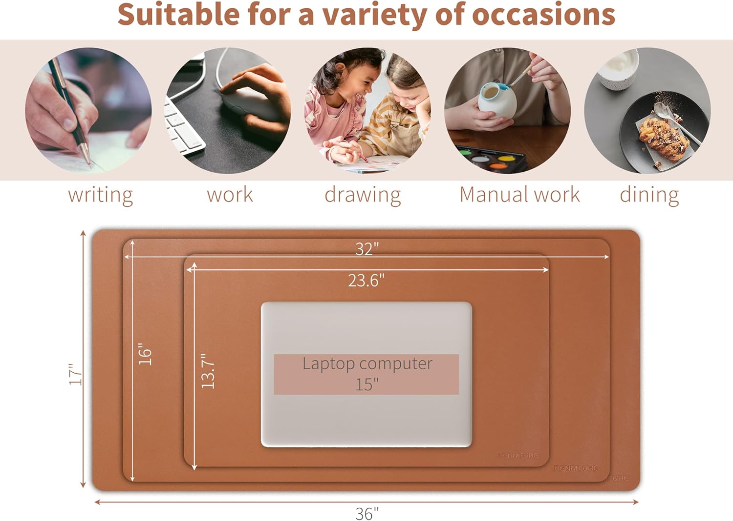 RENMTURE PU Mouse Pad, Faux Leather Large Desk Pad, Home Work Office Accessories, Non-Slip Desk Mat, Waterproof Gaming Pad Desk Blotter (23.6" x 13.7", Brown) - Image 7