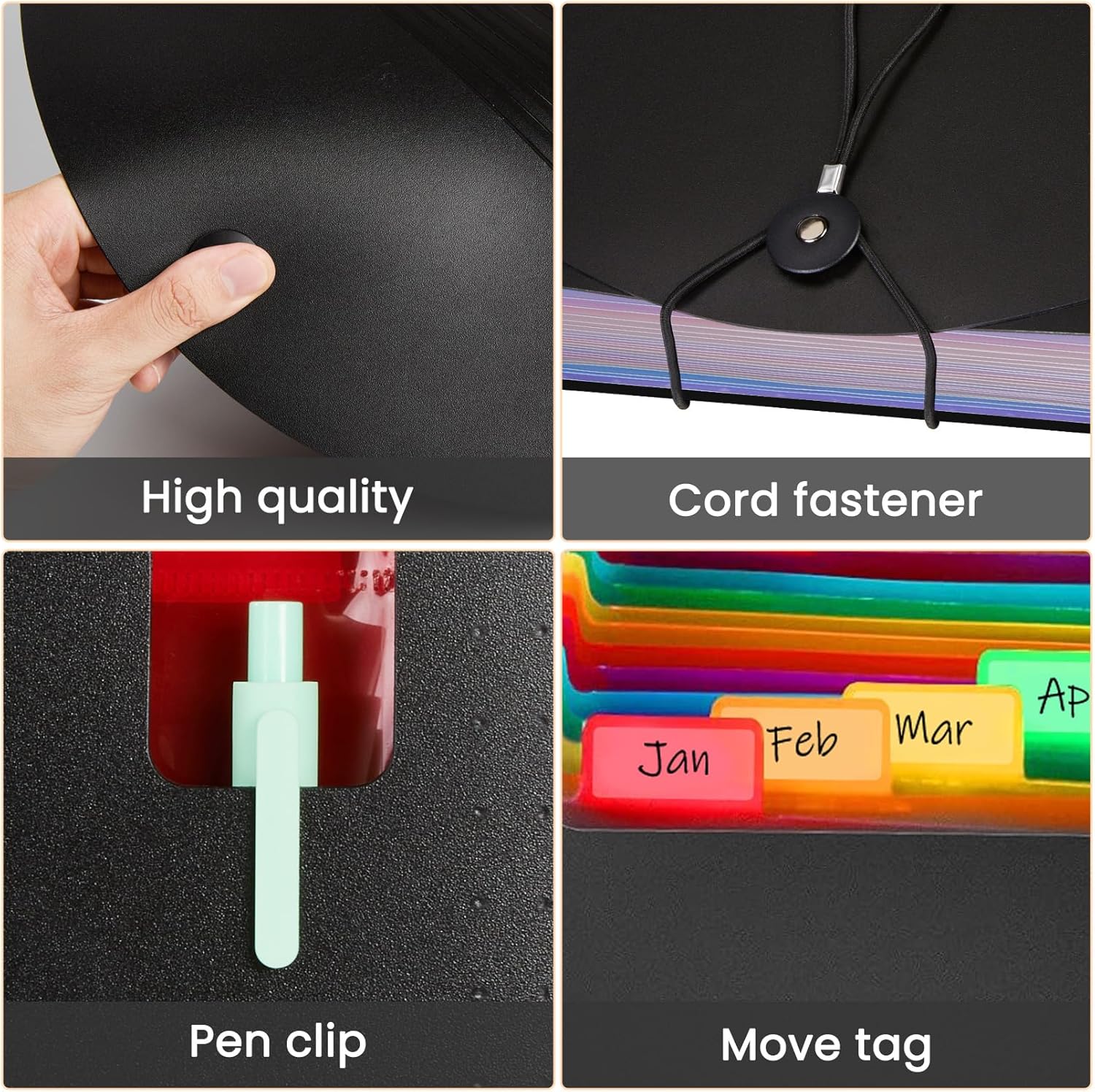 Sooez Accordion File Organizer, 13 Pockets Expanding File Folder, Portable Monthly Paper Bill Tax Receipt Organizer, Letter A4 Size Document Holder with Blank Labels, Black - Image 5