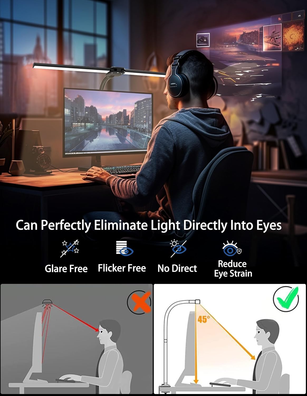 LED Desk Lamp for Home Office, Double Head Flexible Gooseneck with Clamp & Base, 24W High Brightness Eye-Car ing, 25 Modes & Remote Control for Reading, Study, Workbench (Black) - Image 4