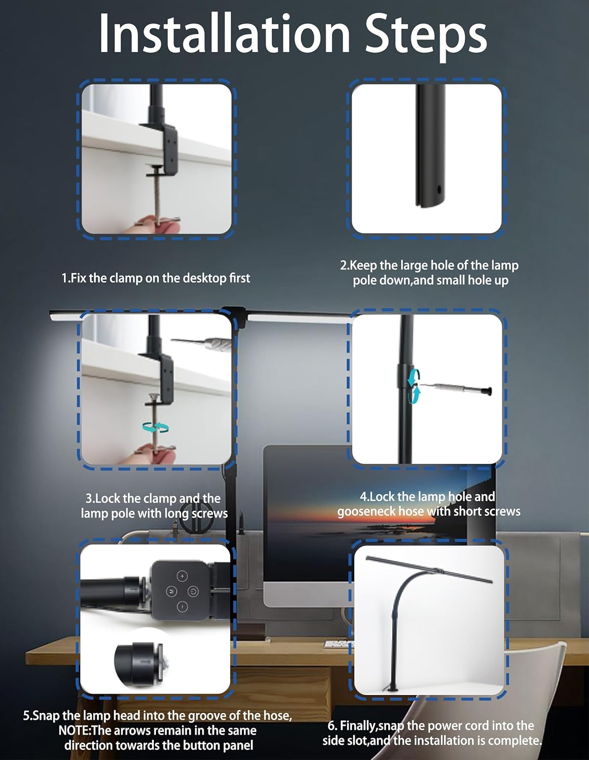 LED Desk Lamp for Home Office, Double Head Flexible Gooseneck with Clamp & Base, 24W High Brightness Eye-Car ing, 25 Modes & Remote Control for Reading, Study, Workbench (Black) - Image 6