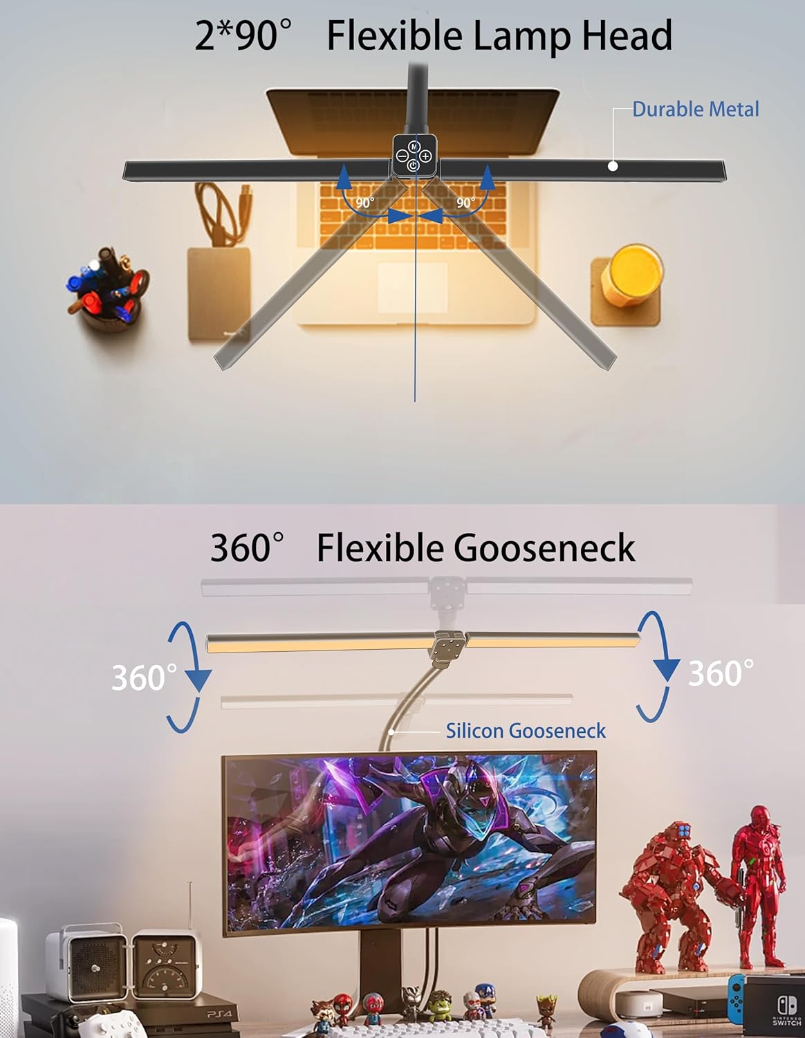 LED Desk Lamp for Home Office, Double Head Flexible Gooseneck with Clamp & Base, 24W High Brightness Eye-Car ing, 25 Modes & Remote Control for Reading, Study, Workbench (Black) - Image 3