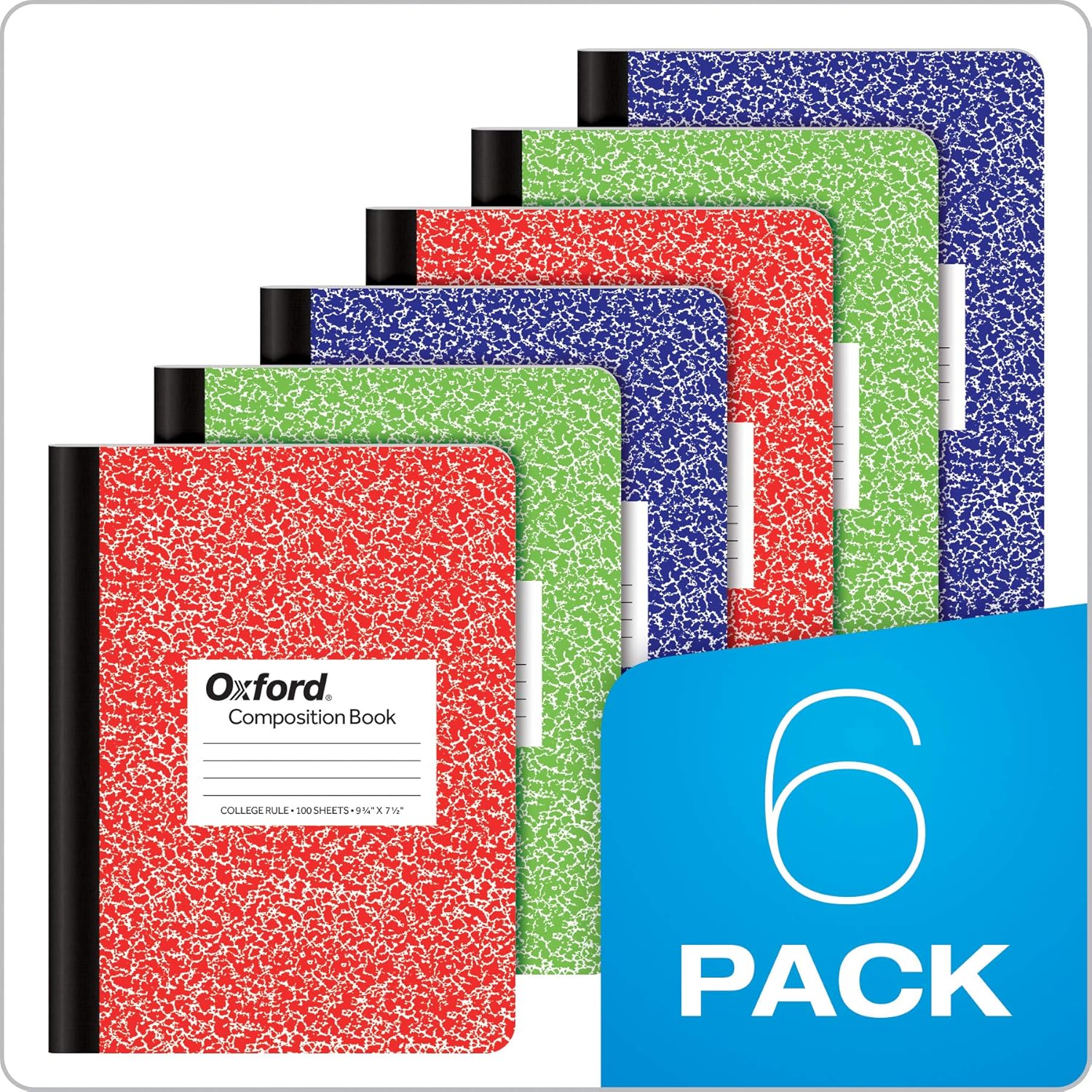 Oxford Composition Notebook 6 Pack, College Ruled Paper, 9-3/4 x 7-1/2 Inches, 100 Sheets, Assorted Marble Covers. 2 Each: Blue, Green, Red (63763) - Image 8