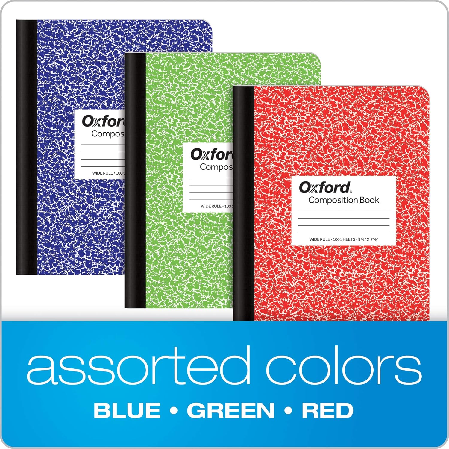 Oxford Composition Notebook 6 Pack, Wide Ruled Paper, 9-3/4 x 7-1/2 Inches, 100 Sheets, Assorted Marble Covers, 2 Each: Blue, Green, Red (63762) - Image 6